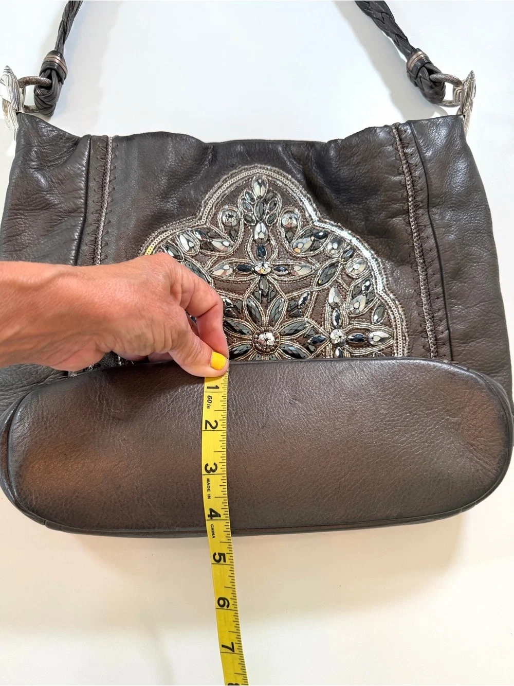 Brighton Anju Masterpiece Collection Pewter Leather Jeweled Shoulder Hobo Bag